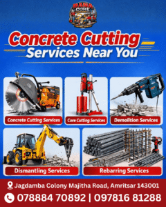 Best Core Cutting Services in Amritsar We provide: • RCC Slab Cutting • Wall Cutting • Concrete Cutting • Door Cutting • AC Vent Cutting Experienced contractor with modern machines. Contact: Rana Constructions 78884 70892